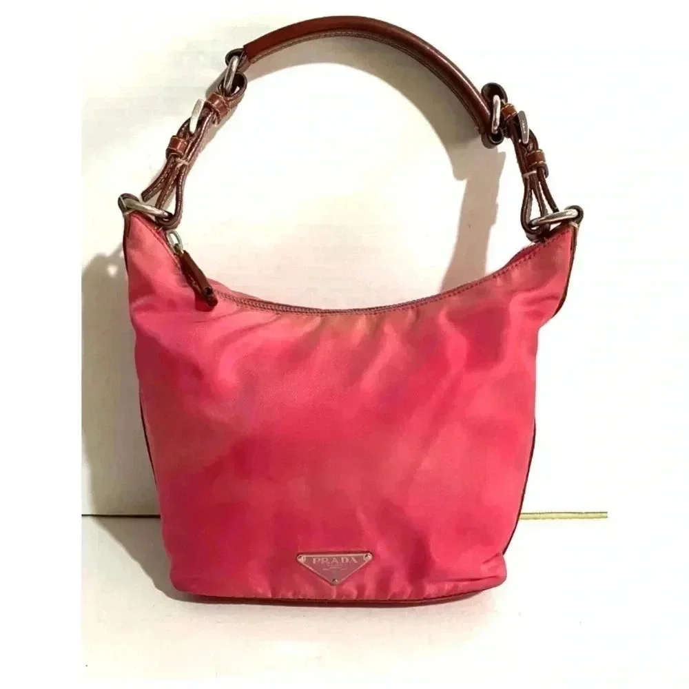 Prada pink distressed nylon hobo handbag